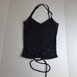 VTG Y2K Funky Diva Black Rhinestone Halter Top Ring Cinch Womens XS Runs Small